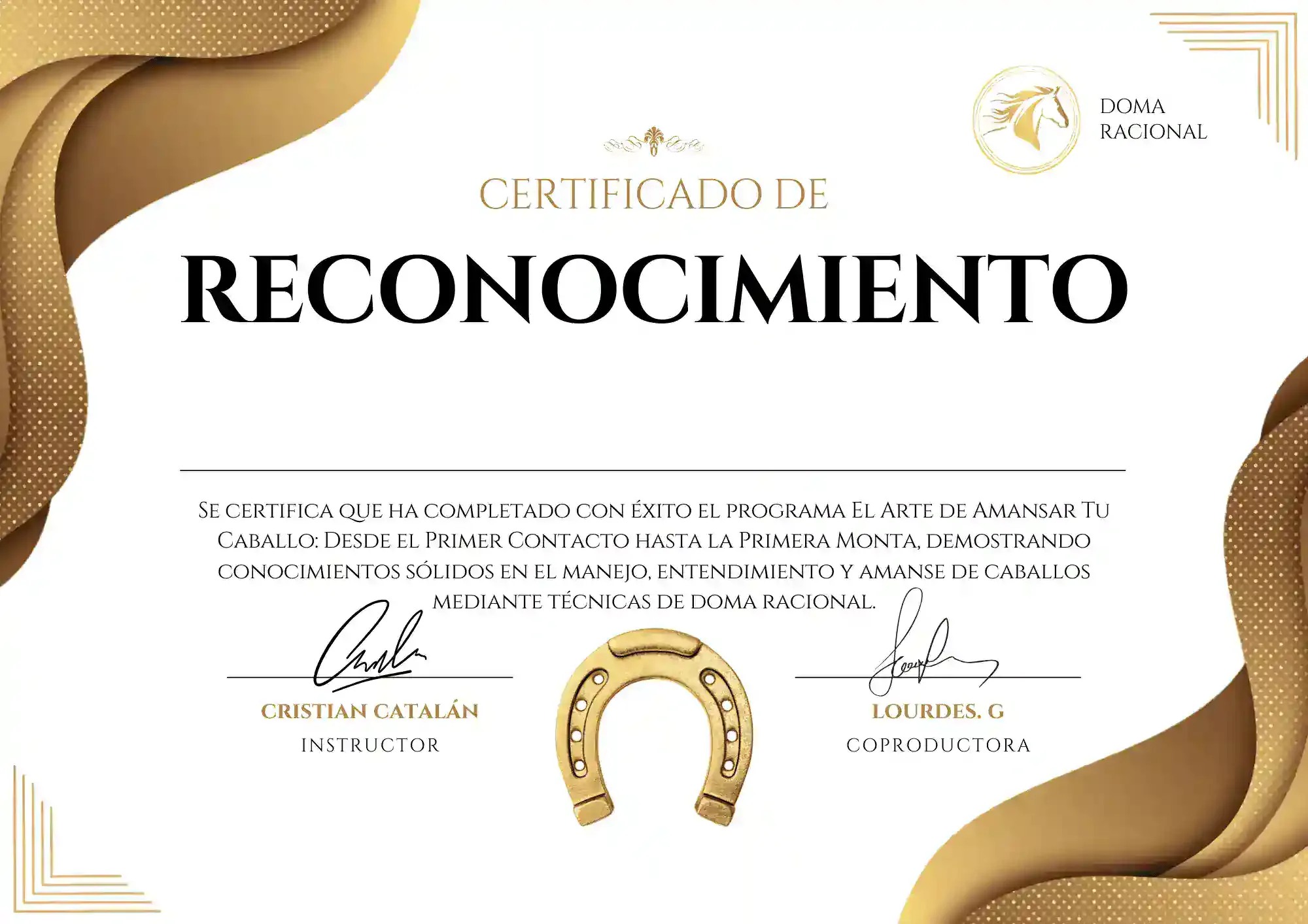 Modelo del certificado de reconocimiento de El Arte de Amansar Tu Caballo, firmado por Cristian Catalán y Lourdes G.